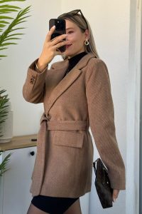 Kuşaklı Blazer Slim Fit Vizon Kaşe Kaban