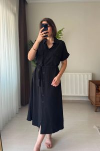 Kısa Kol Gömlek Yaka Cepli Kuşaklı Siyah Elbise