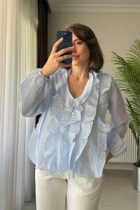 V Yaka Organik Kumaş Mavi Transparan Kadın Bluz