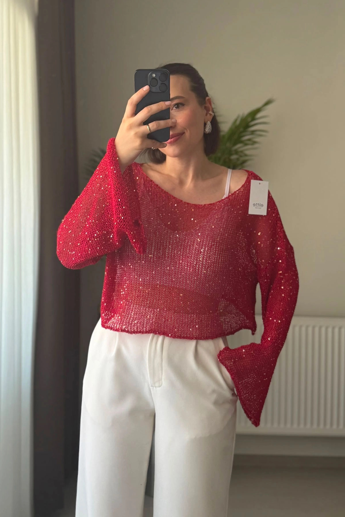Payetli Ajurlu Örgü Kayık Yaka Kırmızı Crop Bluz