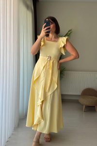 Fırfır Detay Kemerli Kare Yaka Sarı Uzun Elbise