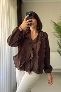 V Yaka Organik Kumaş Kahve Transparan Kadın Bluz