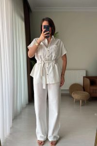 Kuşaklı Gömlek Pantolon Keten %100 Pamuk Ekru İkili Takım