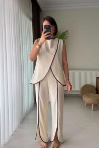 Biyeli Yelek Pantolon Keten Bej İkili Takım