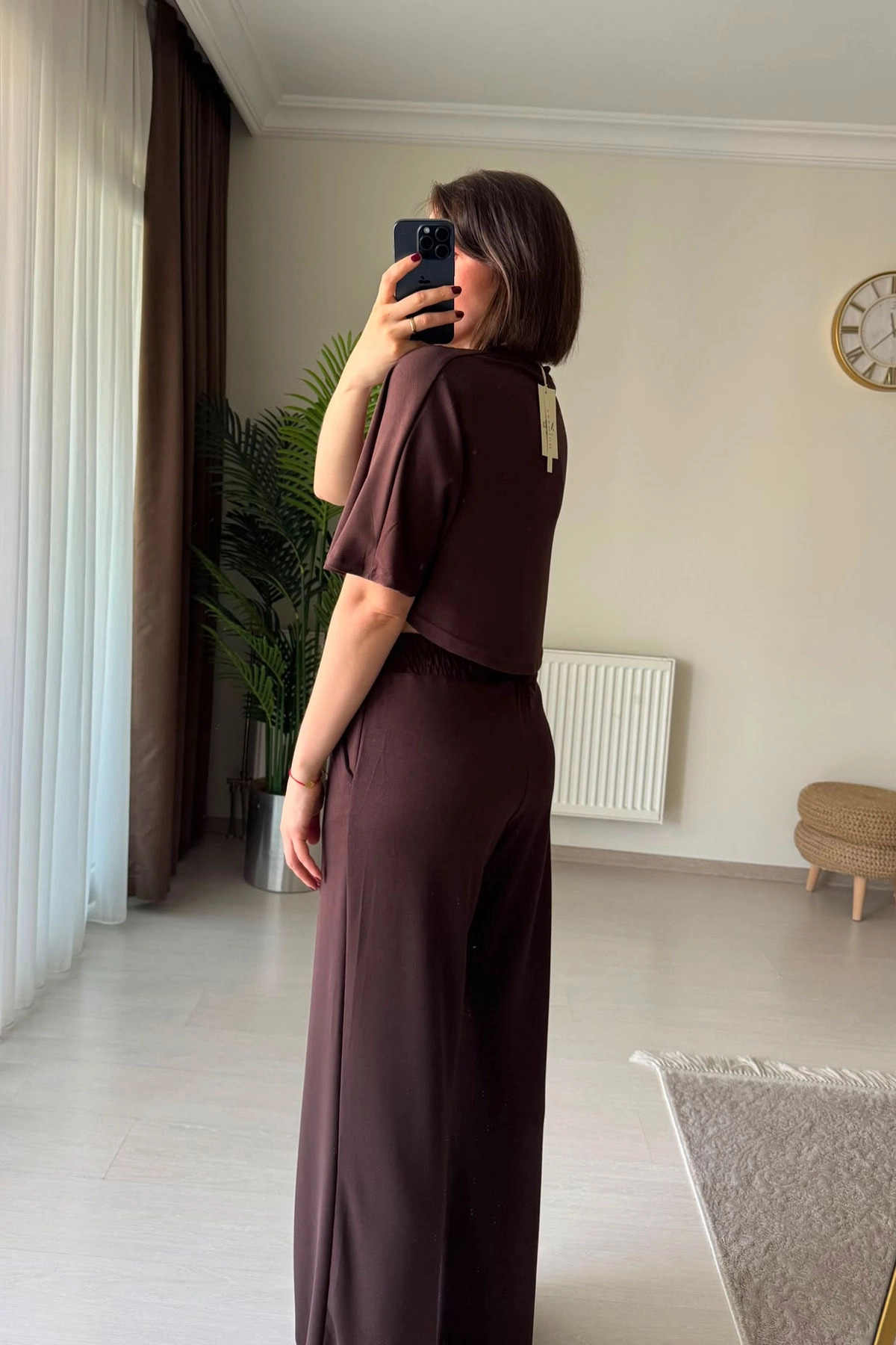 Yarasa Kol Crop Pantolon Kahve İkili Modal Takım