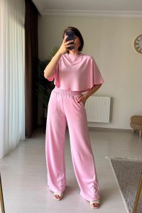 Yarasa Kol Crop Pantolon Pembe İkili Modal Takım