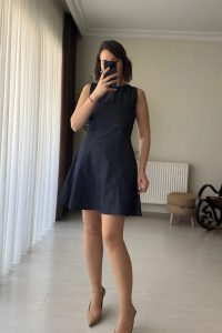 Kolsuz Prenses Kesim Lacivert Kot Elbise