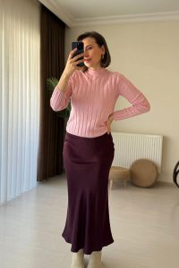 Uzun Saten Bel Lastikli Mürdüm Etek