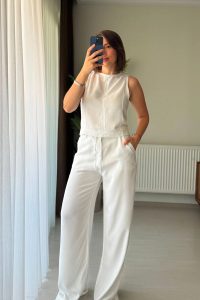 Kolsuz Bluz Bol Paça Pantolon Beyaz İkili Takım