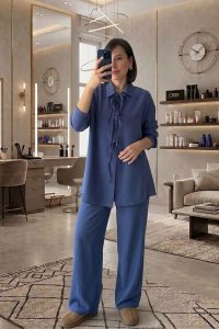 Bağcıklı Tensel İndigo Tunik Pantolon İkili Takım