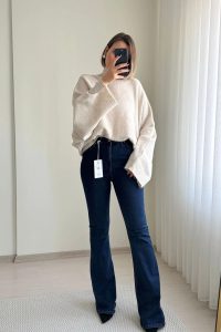İspanyol Paça Yüksek Bel Kar Yıkama Lacivert Jean Pantolon