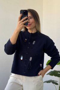 Bisiklet Yaka Pul Desen Lacivert Hırka