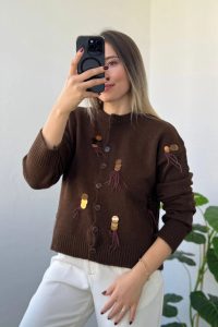 Bisiklet Yaka Pul Desen Kahve Hırka