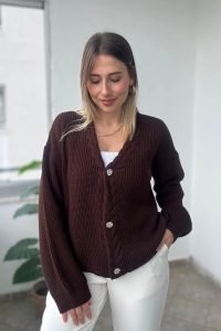 V Yaka Ön Örgü Detay Kahve Hırka