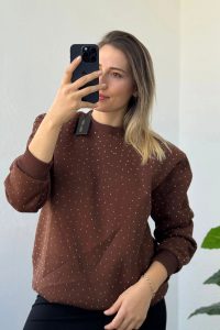 Taş İşlemeli Balon Kol Bisiklet Yaka Kahve Sweatshirt