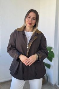 Kadife Yaka Ekose Astar Detaylı Kahve Ceket Kaban
