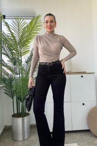 İspanyol Paça Yüksek Bel Kar Yıkama Siyah Jean Pantolon