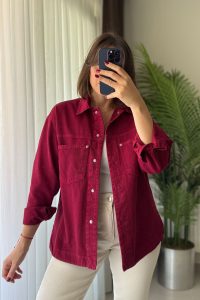 Çift Cep Çıtçıtlı Oversize Bordo Gabardin Ceket