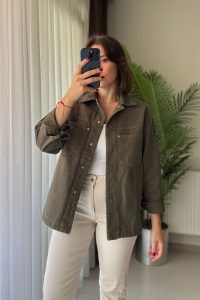 Çift Cep Çıtçıtlı Oversize Haki Gabardin Ceket