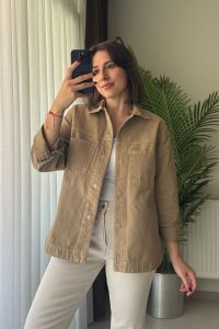 Çift Cep Çıtçıtlı Oversize Vizon Gabardin Ceket